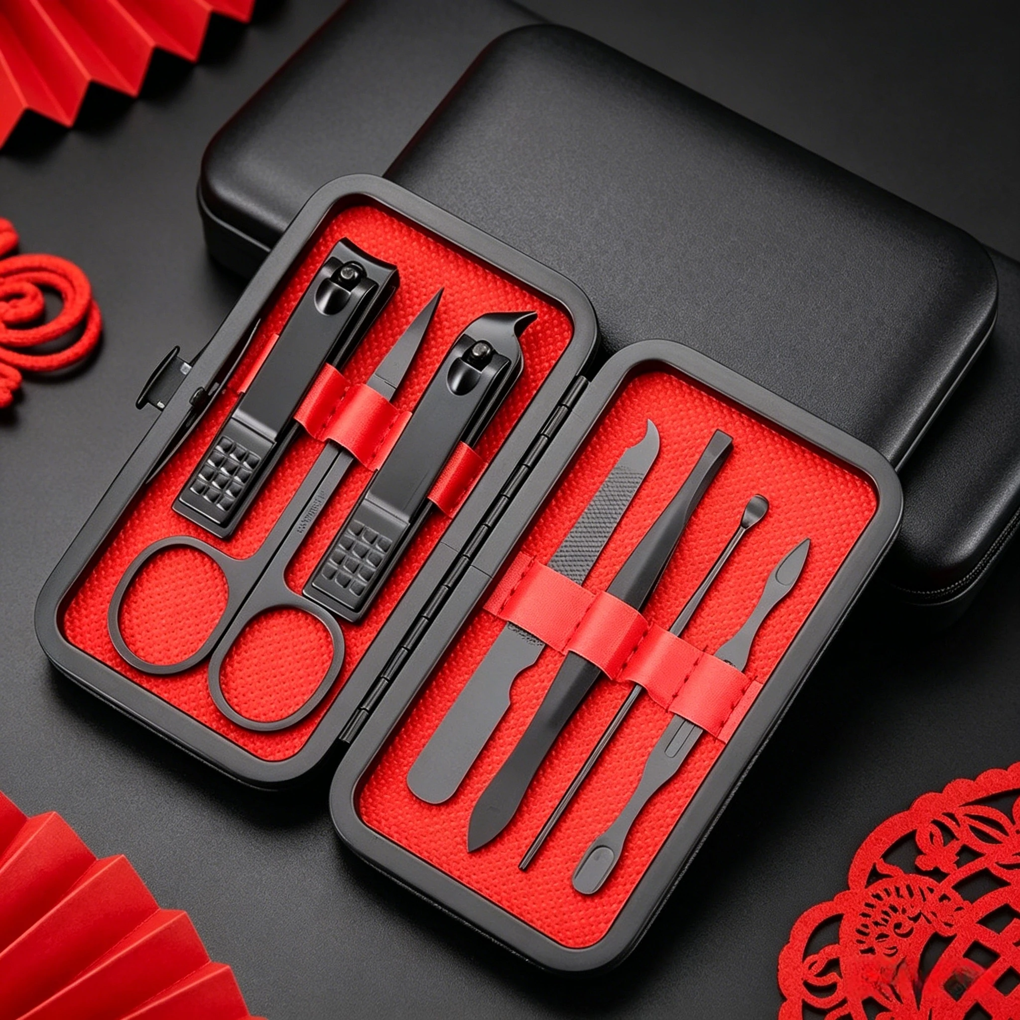 

7pcs Premium 7-in-1 Black Stainless Steel Manicure Set, Professional Nail Clipper & Pedicure Kit, Grooming Tools with Durable Leather Travel Case for All Nail Care Needs