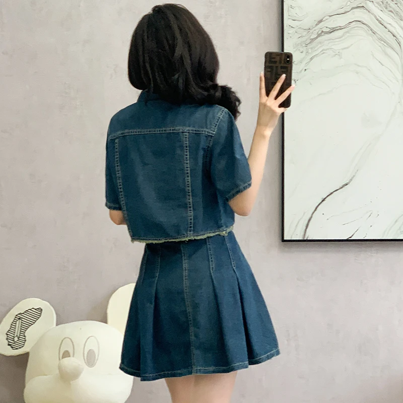 Americam Retro Y2k Short Sleeve Summer Crop Denim Jacket+Pleated Mini Skirt Two Pieces Clothing Set Deep Blue