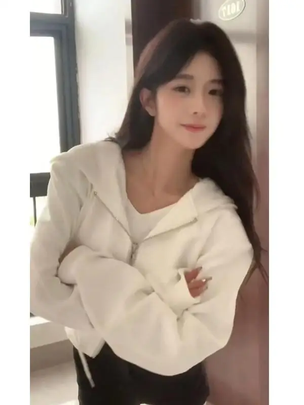 

Ретро-американский укороченный свитшот с капюшоном для женщин, весна-осень, в стиле кэжуал-шик, на двойной молнии, с открытым передом, пальто в стиле «сладкий и острый»