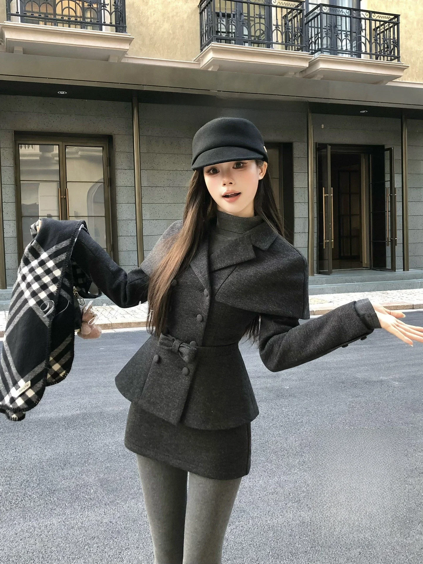 

Wahju Winter Coat Shoulder Design Cowl Neck Knot Slim Fit Woolen Outerwear Women's Skirt Half Skirt Commute Style