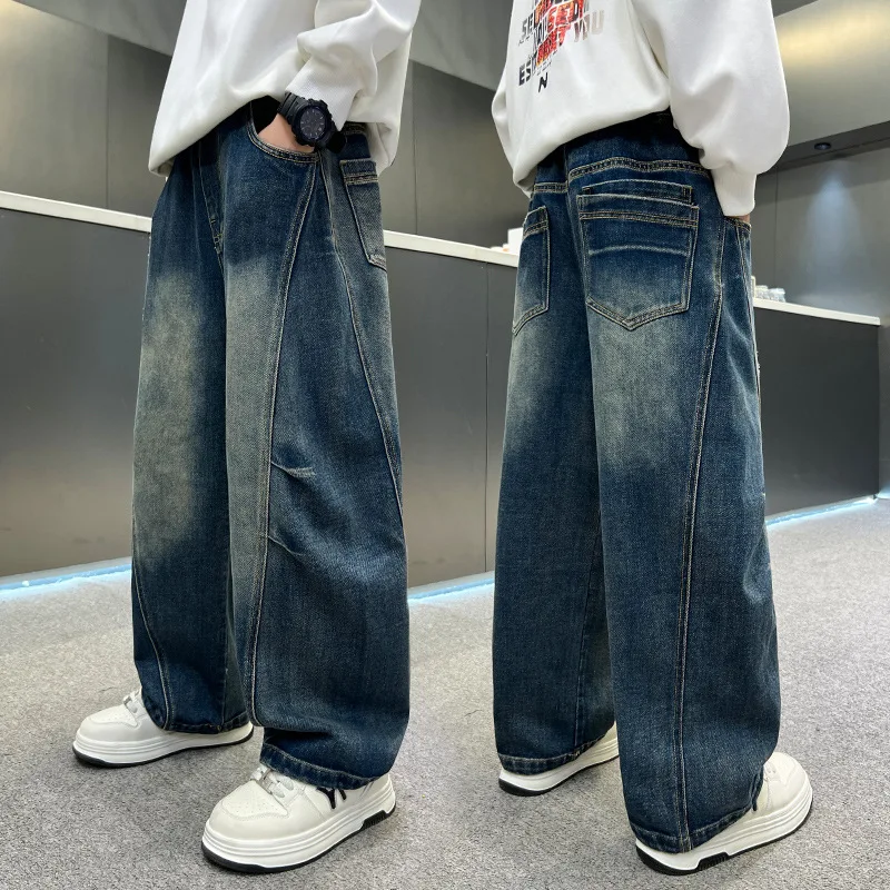 

Джинсы для мальчиков, весна-осень 2026, новый стиль, красивые прямые свободные широкие джинсовые брюки для детей среднего и старшего мальчика