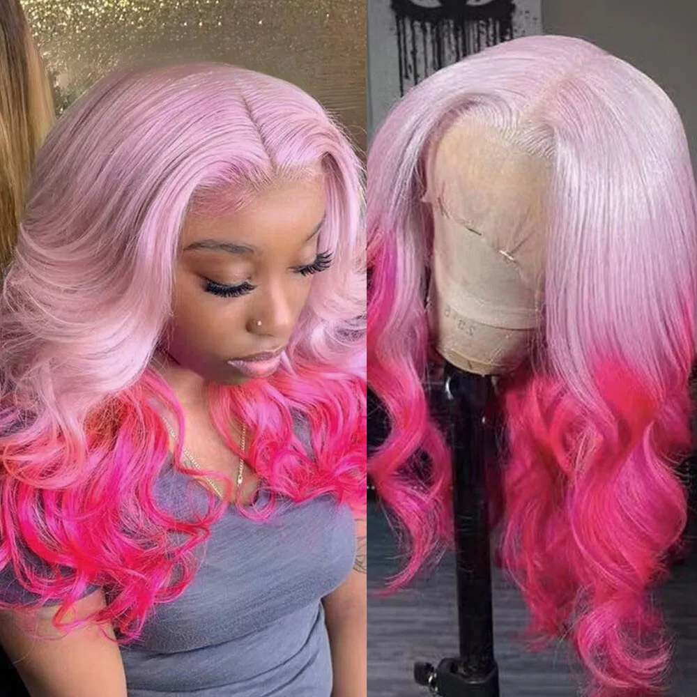 

Ombre Pink Body Wave Synthetic Wig Long Curly Hair Lace Front Wigs Cosplay