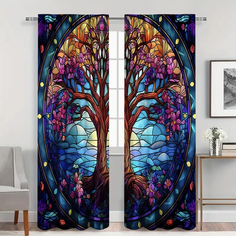2pcs Stained Glass Tree of Life Curtains Jewel Tone Sheer Light Filtering, Majestic Focal Point for Living Room Wall