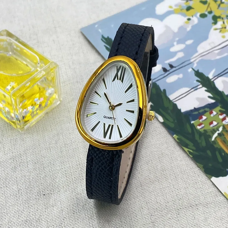 Korean Teardrop Quartz Watch for Women Retro Roman Numeral Sunburst Dial Golden Case Black Leather Band Irregular Wristwatch