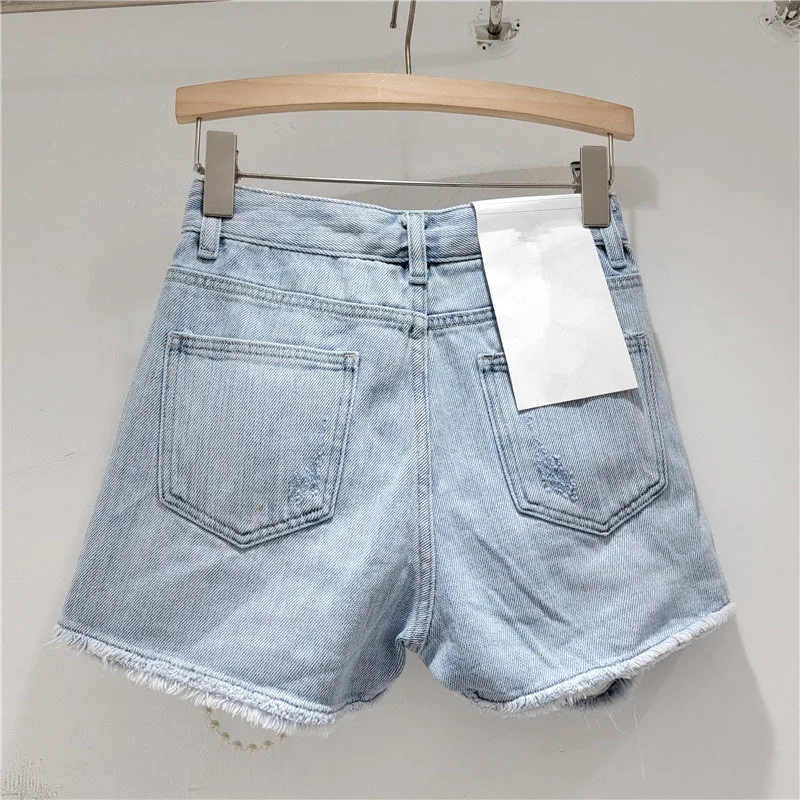 DEAT Women's Denim Shorts High Waist Solid Color Beading Patchwork Short Pants 2024 Summer New Fashion Female Trendy 11XX9111