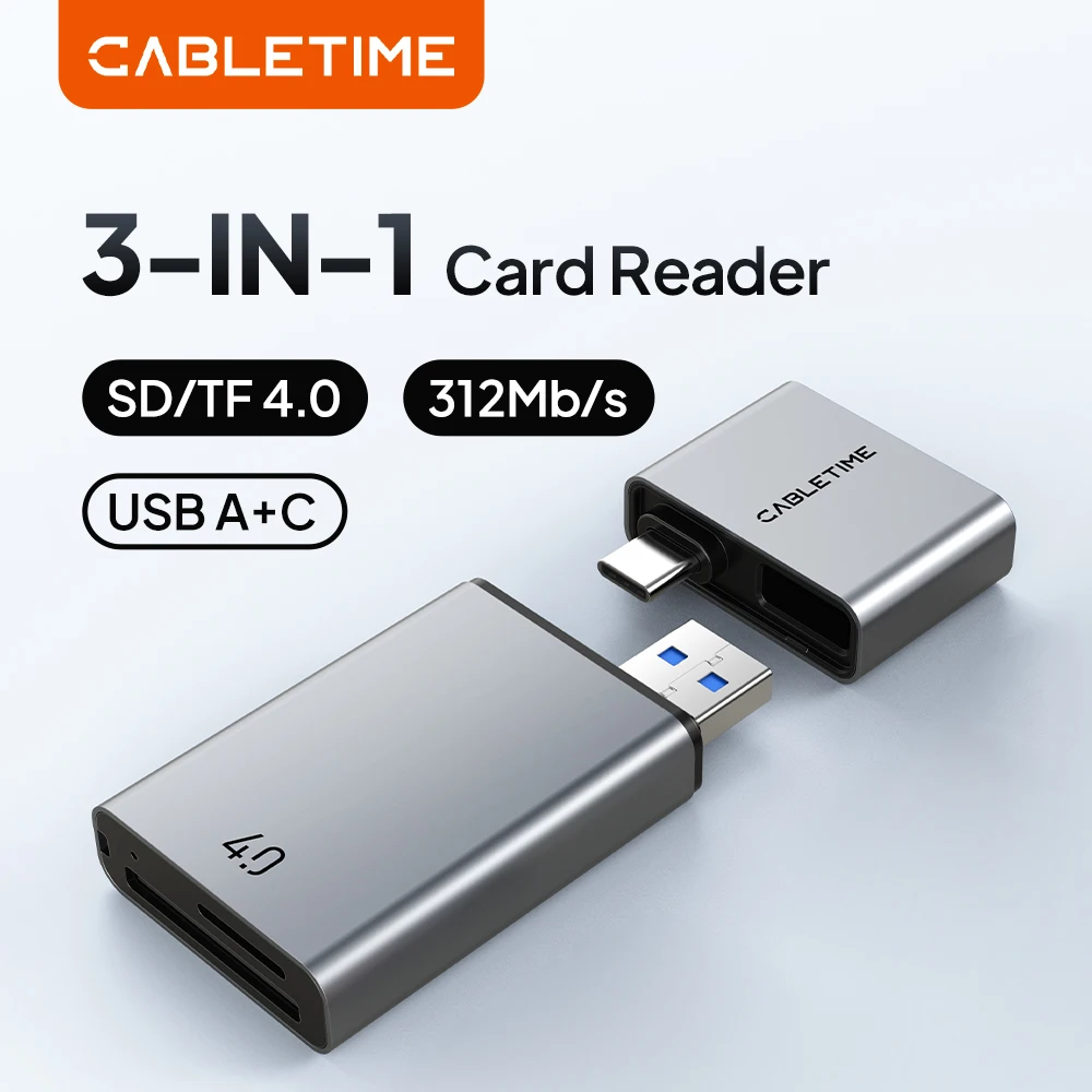 CABLETIME 3 IN 1 Card Reader USB 4.0 5Gbps USB A & USB C 312MB/s Aluminum Alloy SD/TF Cards Portable for iPhone iPad
