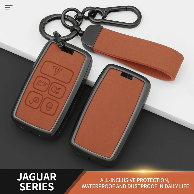Zinc Alloy Leather Car Key Cover Case for Jaguar XE XEL XF XFL F‑PACE E‑PACE 5‑Button Smart Remote Key Protection with Keychain