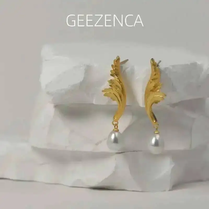 GEEZENCA 925 Sterling Silver Pearl Dangle Earrings For Women Plant Acanthus Pattern Designer Chic Unique Earring 2024 New Gift