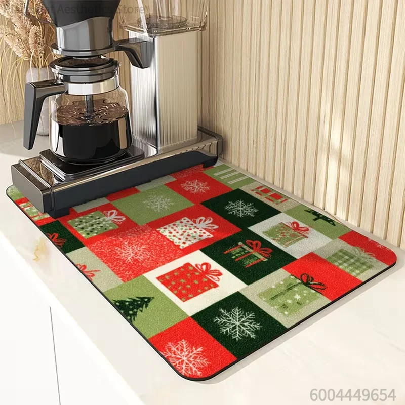 Christmas Gingerbread Holly Bird Print Super Absorbent Drying Mat Waterproof Kitchen Coffee Drain Pad Decor Placemat