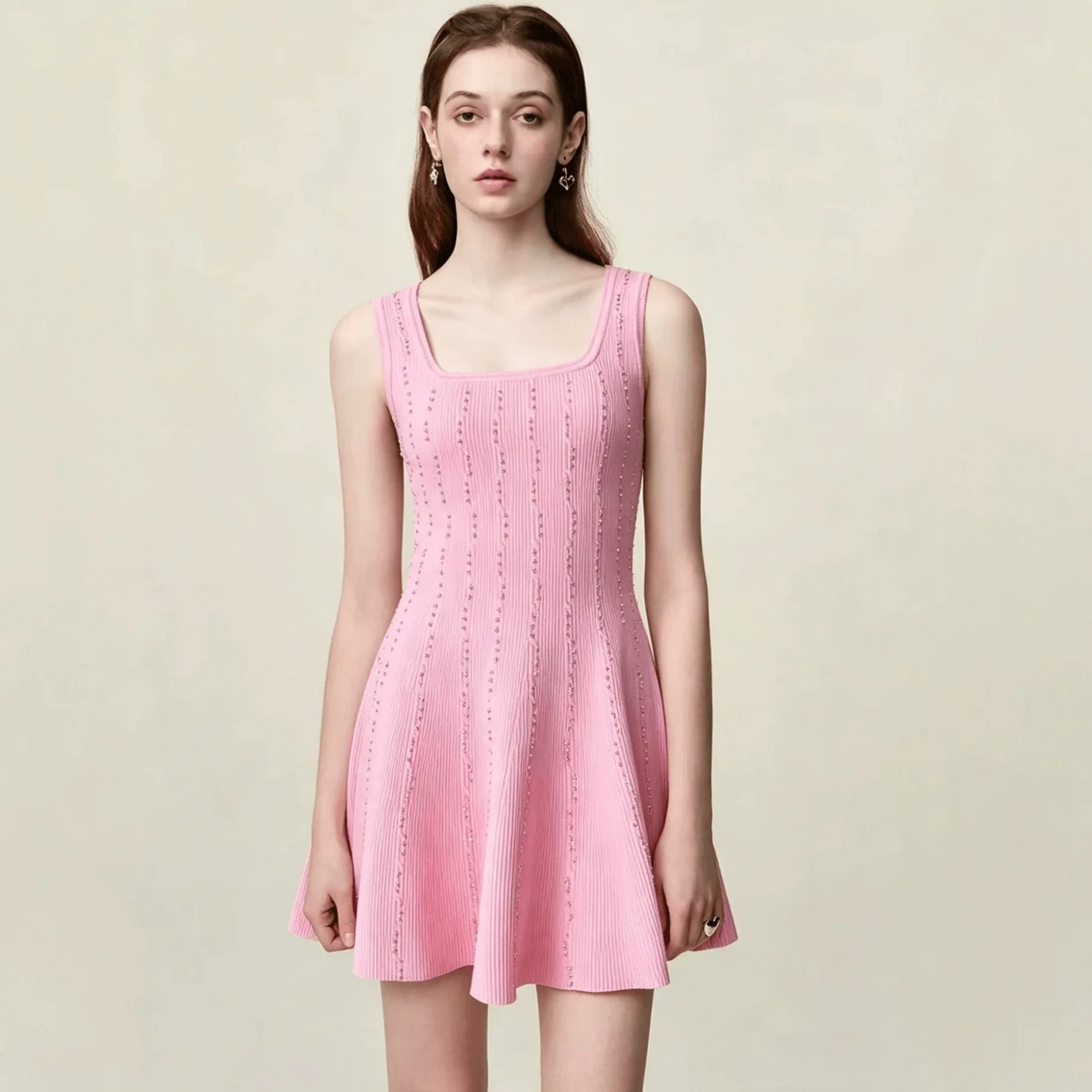 

Solid Knitted Tank Dress Bead Decorative Square Neck Sleeveless Slim Fit High Waisted Short Dresses Summer 2026 Lady Mini Dress