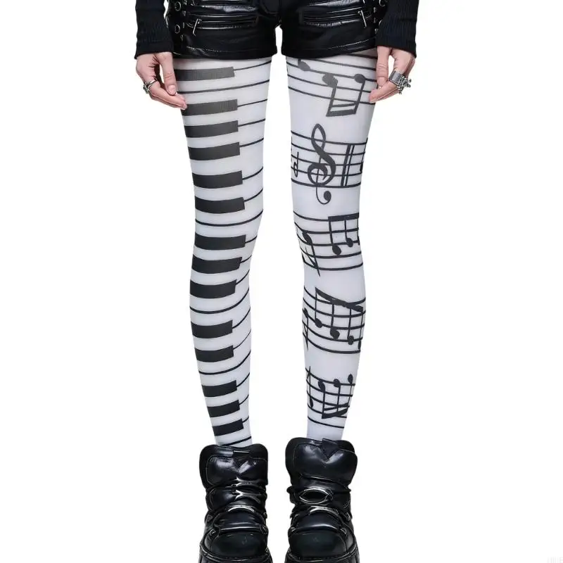 Women Stockings Musical Note Print White Opaque Pantyhose Piano Tights