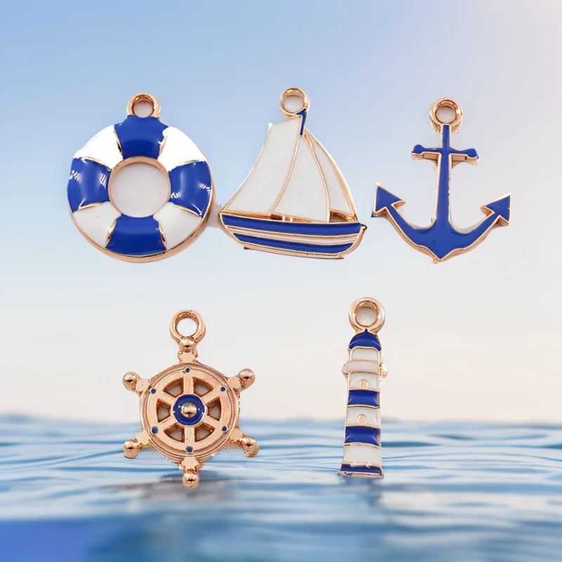 10PCS Alloy Ocean Style Lifebuoy Rudder Anchor Lighthouse Sailboat DIY Necklace Pendant Earring Bracelet Decorative Accessories