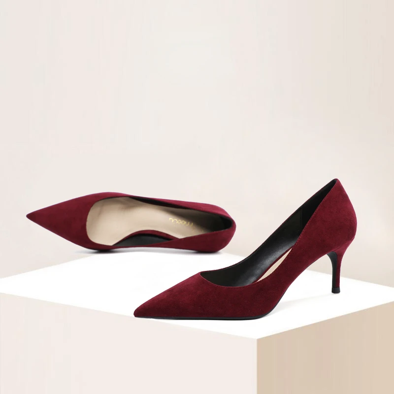 

Suede wine red high heels women 2022 spring autumn new sexy pure color 6cm pointed toe pumps slip-on daily wear work shoes