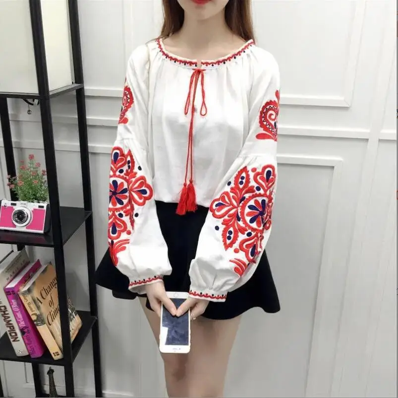 Women's Blouse National Style Embroidered Lace-Up Tassel V-Neck Lantern Sleeve Shirt Tops Loose All-Match Female Blusa w758