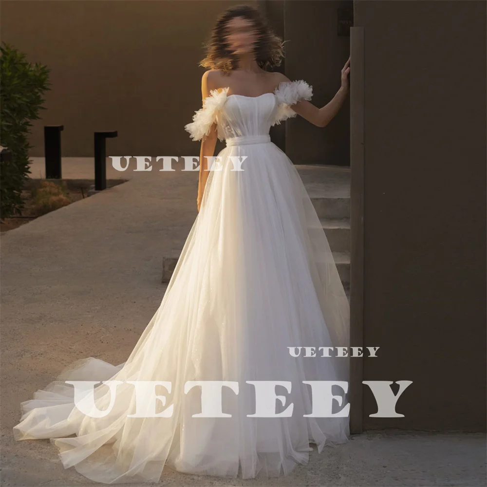 UETEEY Customized Flowers Pleats Fairy Off Shoulder Tulle Wedding Dress Boat Neck A Line Lace Up Back Court Train Bridal Gown