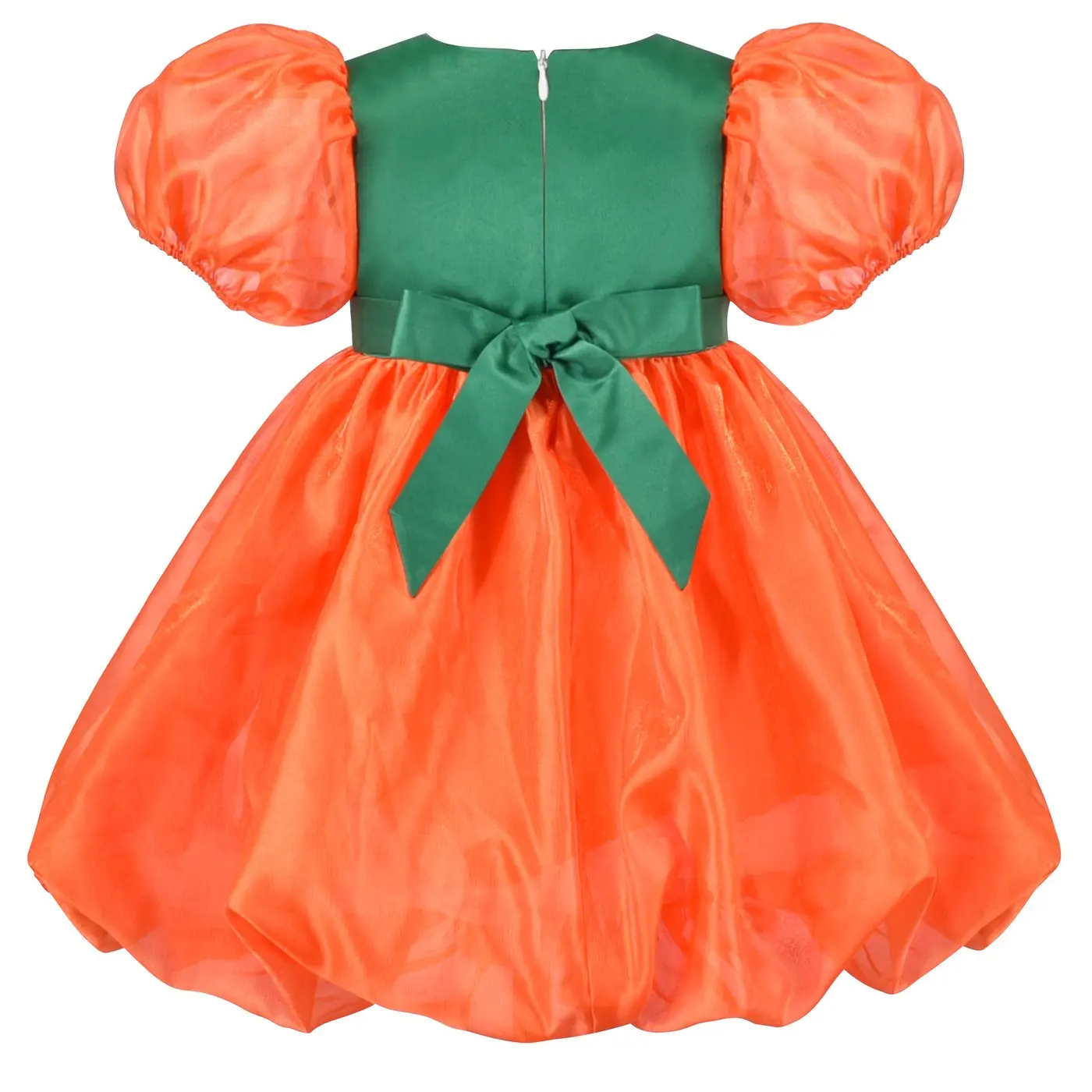 Girls Dress Halloween Spider Net Collar Orange Pumpkin Puffy Bubble Sleeve
