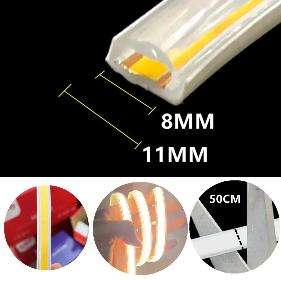 220V COB LED Strip Light IP67 EU Power Plug Buckle fixation LED Ribbon Tape Flexible COB Linear Light Bar 3000K 4500K 6000K