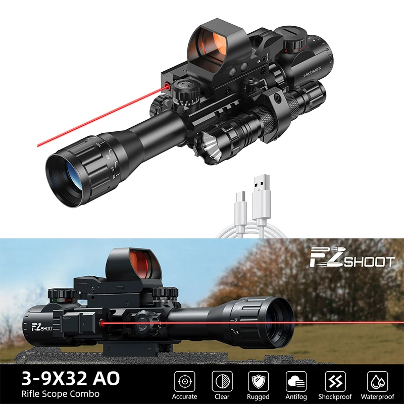 EZshoot 3-9x32 Scope Optics & Flashlight  & Red Dot Reflex Sight Red Laser Sight Combo For Picatinny Hunitng