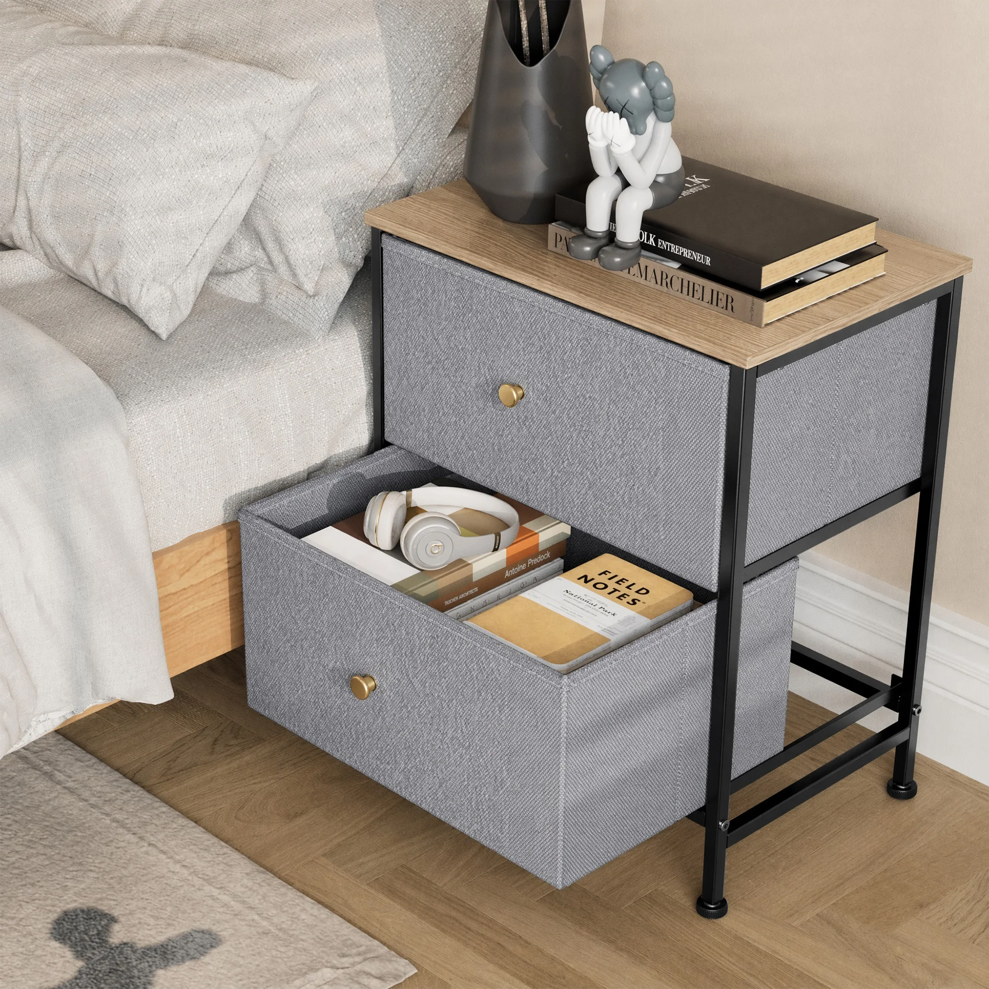 JHK Nightstand Bedside Table 2 Fabric Drawers Storage Cabinet Coffee Sofa Tea Table Clothes Display Chest for Bedroom Furniture