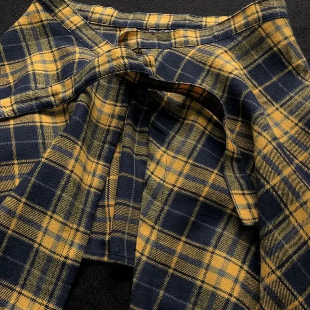 Casual Elastic Women Plaid Skirt Bow-knot Irregular Waist Shirt Blue White Lattice Mini a-line Shortskirt Girls Streetwear