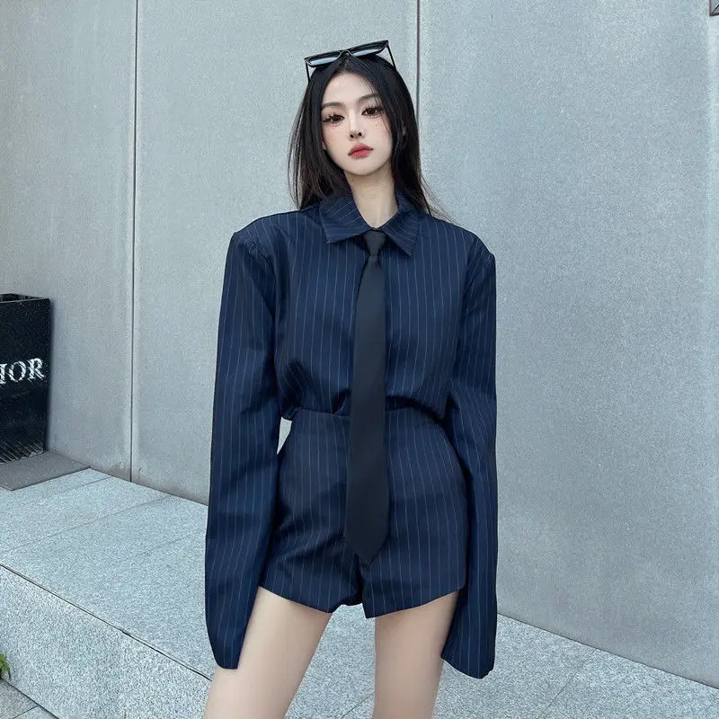 Short Sets Spring And Autumn Striped Long Sleeves Blouse Short Pants Two Piece Sets Womens Outifits Office Lady