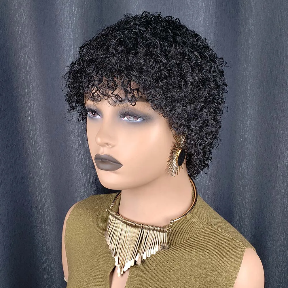 شعر بشري قصير مجعد شعر مستعار مع بانج مجعد عابث قطع الباروكات للنساء السود ريمي الشعر البشري آلة صنع الباروكات للاستخدام اليومي