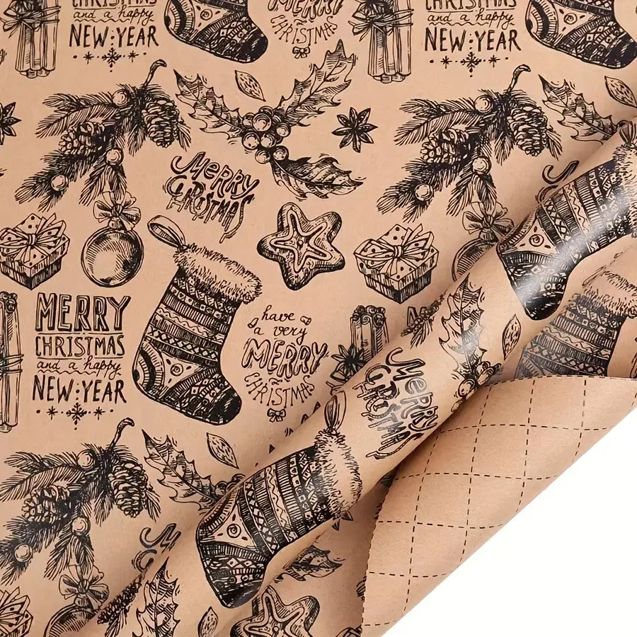 

3M/Roll Black Pine Cone Christmas Tree Bell Xmas Decoration Roll Packaging Kraft Paper Christmas Gift Wrapping Paper