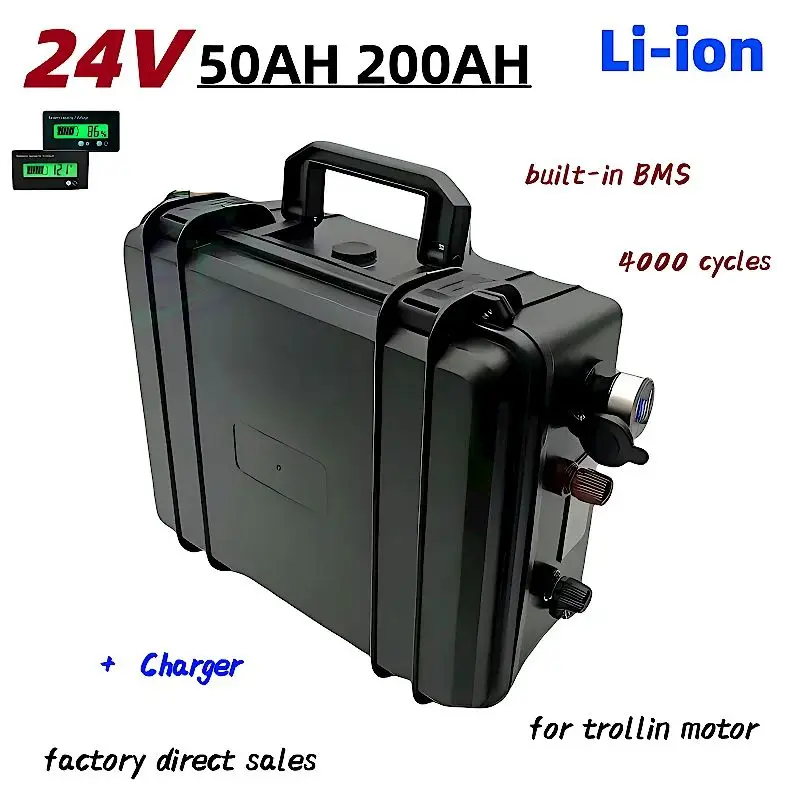 

Waterproof IP67 24V 50Ah 60Ah 80Ah 100Ah 120Ah 150Ah 200Ah Lithium Li Ion Battery 24v For Trolling Motor+10A Charger。