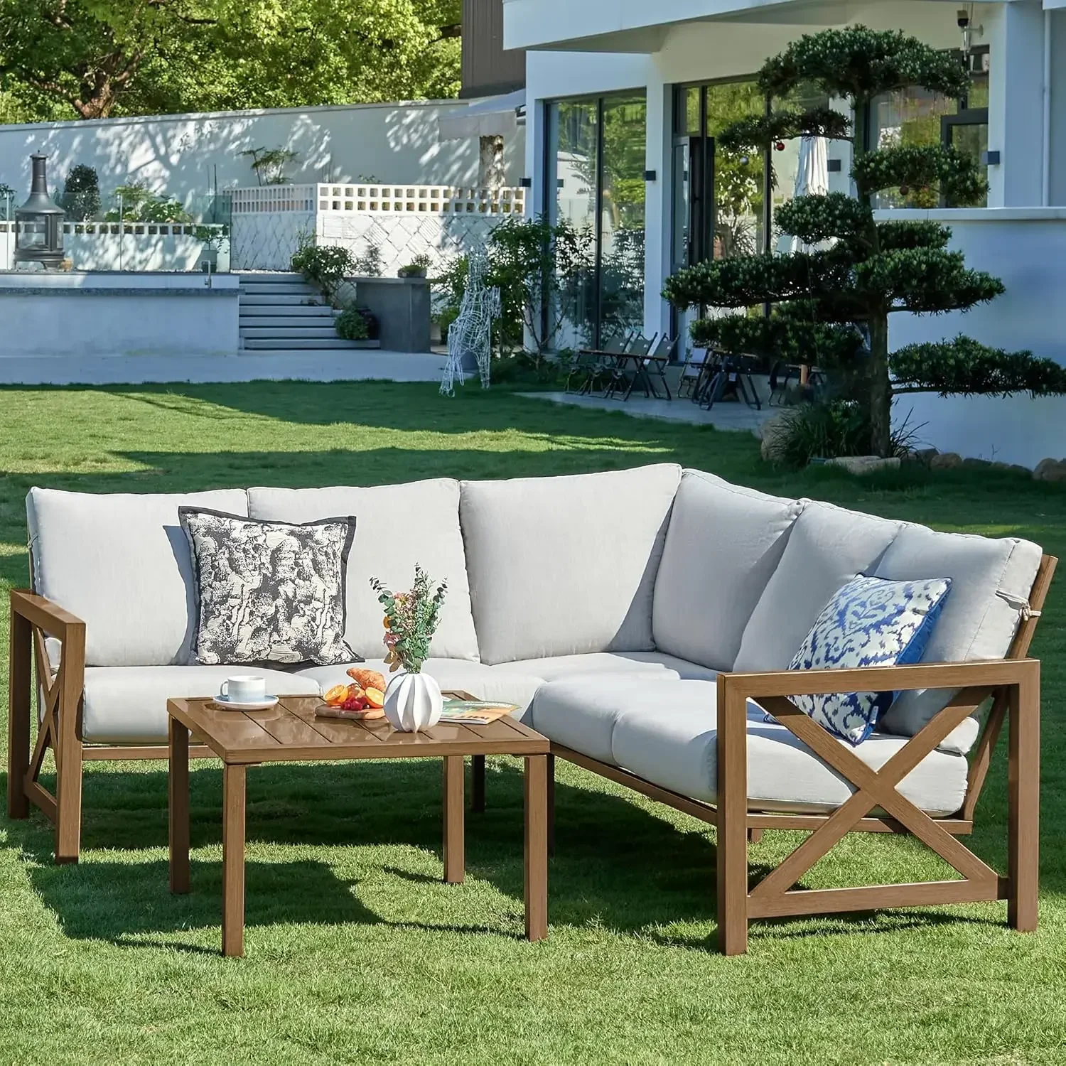 6 Pieces Patio Furniture Sets,Outdoor  L Shape Sectional Couch Sofa Patio Conversation Sets,Hand-Brush Wooden Grain Frame