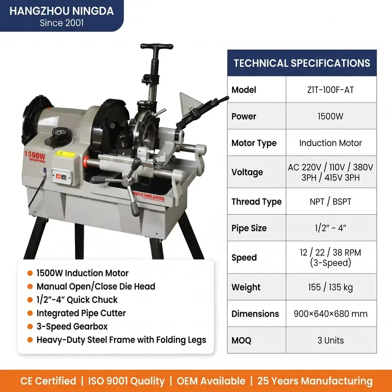 High Efficiency Electric Pipe Threading Machine Fast Threading Speed Low Noise 1500W