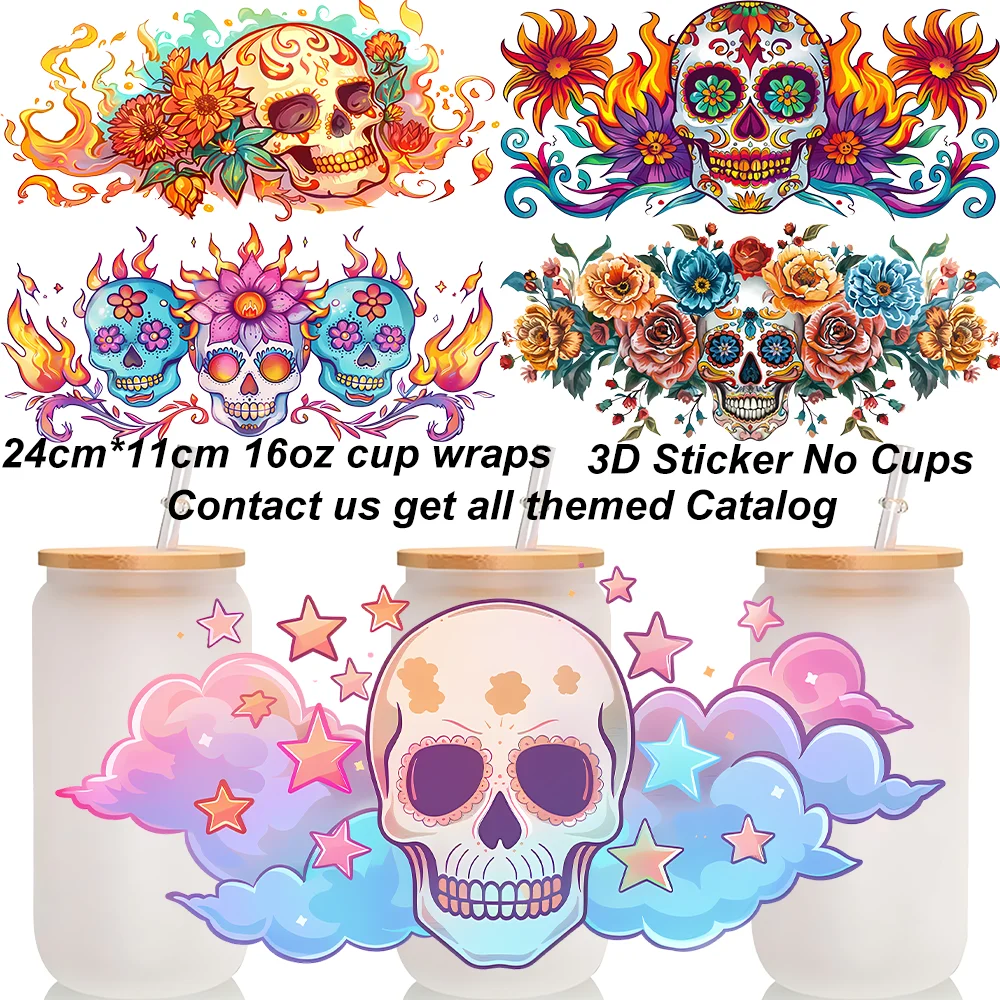 Day of the Dead Sugar Skull 3D UV DTF Cup Wrap Flame Floral 16oz Libbey Glass Cup Waterproof Transfer Sticker Decal