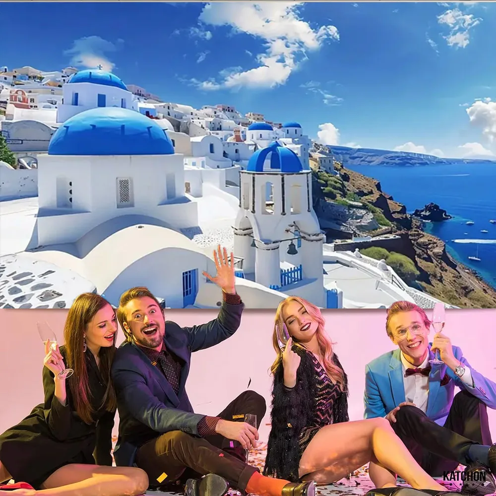 Nordic Greek Landscape Santorini Island Town Blue Dome Church Santorini Aegean Sea Vinyl Photography Backdrop Room Home Decor
