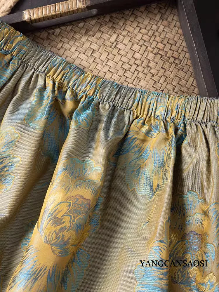 2024 Summer New Chinese Style Peony Flower Print Temperament 100% Natural Mulberry Silk Song Brocade Women's Skirt