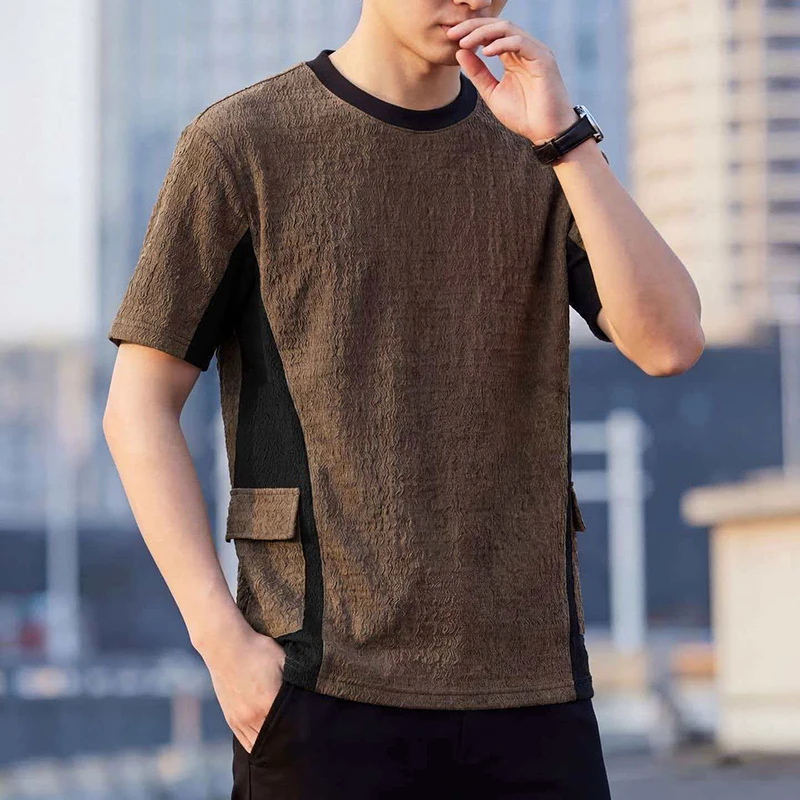 

Plus Size Men's Summer Textured T-Shirt Loose Patchwork Pocket Short Sleeve Crew Neck Tee For Big Guys Oversized Casual Comfort