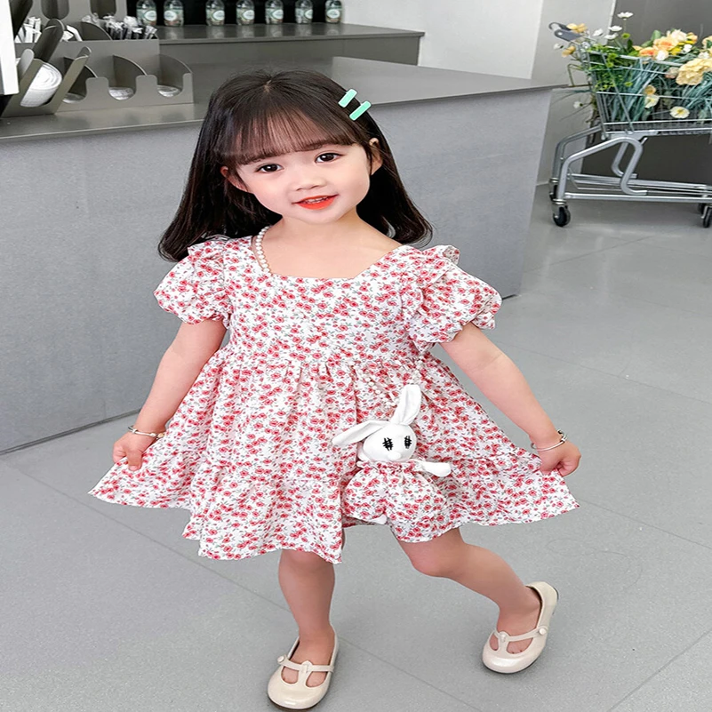 Summer 2024 Girls' Versatile/Fashion Casual Print Rose Double Layer Skirt/Princess Dress -1-5 Years Old