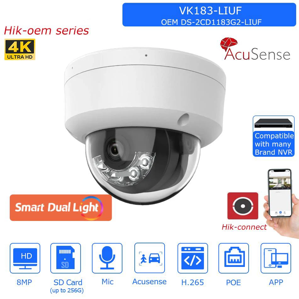 

OEM Hikvision 8MP Acusense Camera Built-in Mic SD Card slot Surveillance Network Camera Hik-connect replace DS-2CD1183G2-LIUF