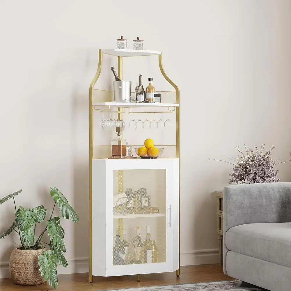

LED-Illuminated 5-Tier Glass Wine & Liquor Cabinet with Adjustable Shelves - Gold