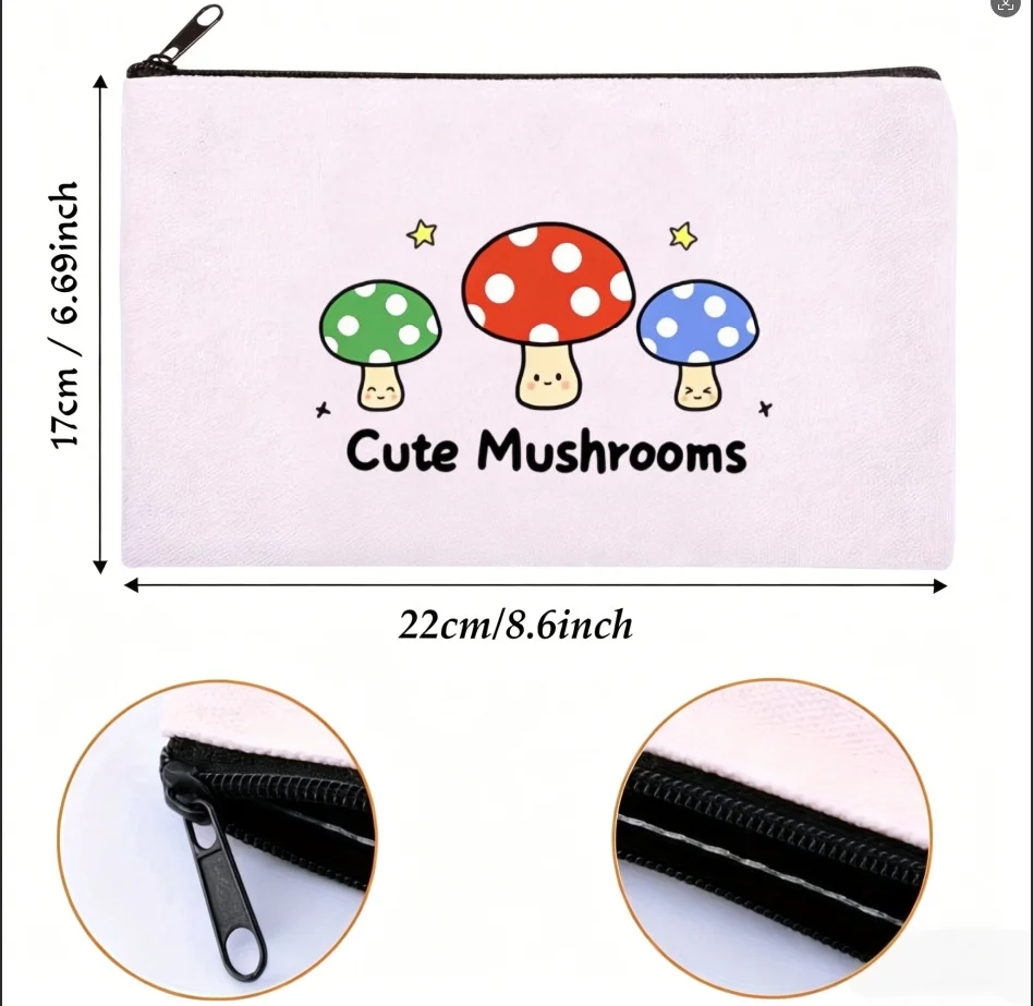 Cute Cartoon Colorful Mushroom Print Canvas Cosmetic Bag Portable Zipper Makeup Pouch Stationery Storage Coin Purse Gift