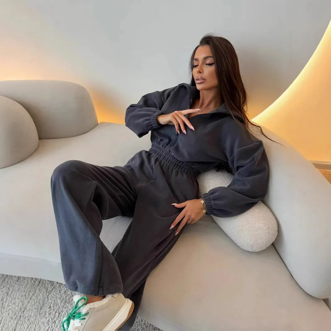 Woman Clothing Bodysuit Casual Loose Solid Color Long Sleeve Zipper Collar Jumpsuit Women's Waist Jumpsuit Sporty Overalls 2025