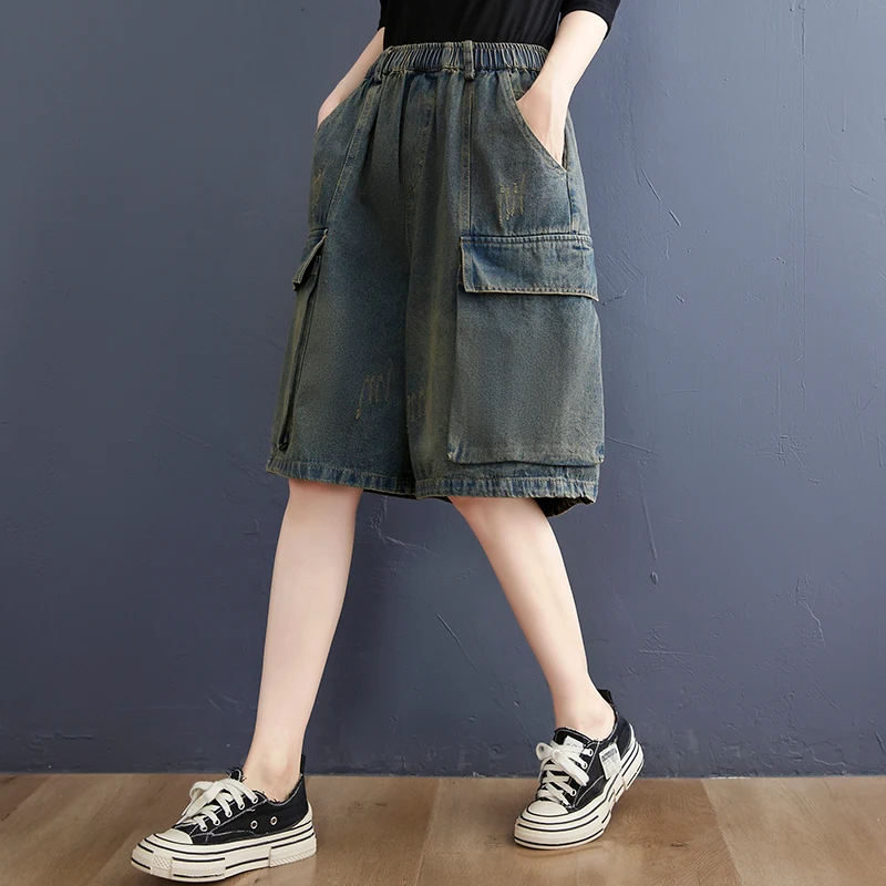 

High Waist Wide Leg Jeans Women's Summer New plus Size Loose Straight Cut Slimming orts Vintage Sle Deep Color Five-Quart...