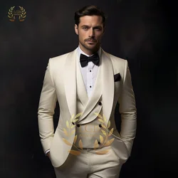 Men's off-white suit wedding/dinner/party/cocktail 3-piece suit (jacket + vest + trousers) men's custom size color dress