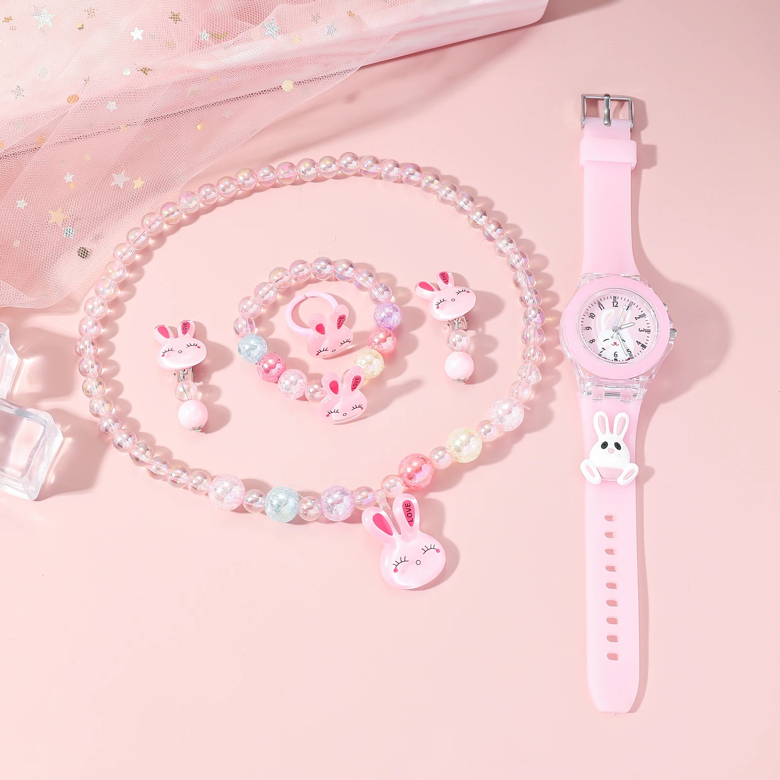 Cute Pink Rabbit Quartz Watch Six-Piece Set, Suitable for Christmas Holiday Gift Giving