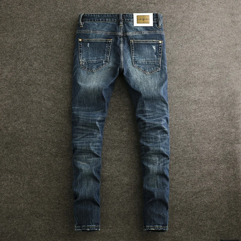Men Jeans Deep Blue Distressed Stacked Ripped Denim Trousers Faded Washed Elastic Slim‑fit Urban Fashion Jeans