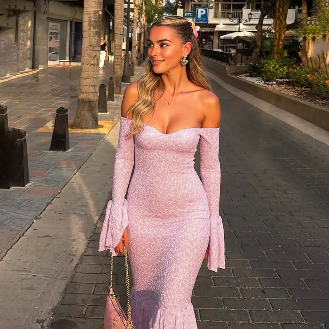 Elegantes rosa schulterfreies rückenfreies Maxikleid für Frauen, sexy, durchsichtige Spitze, trägerlos, Feiertage, Partykleid, Herbst-Langarmkleid