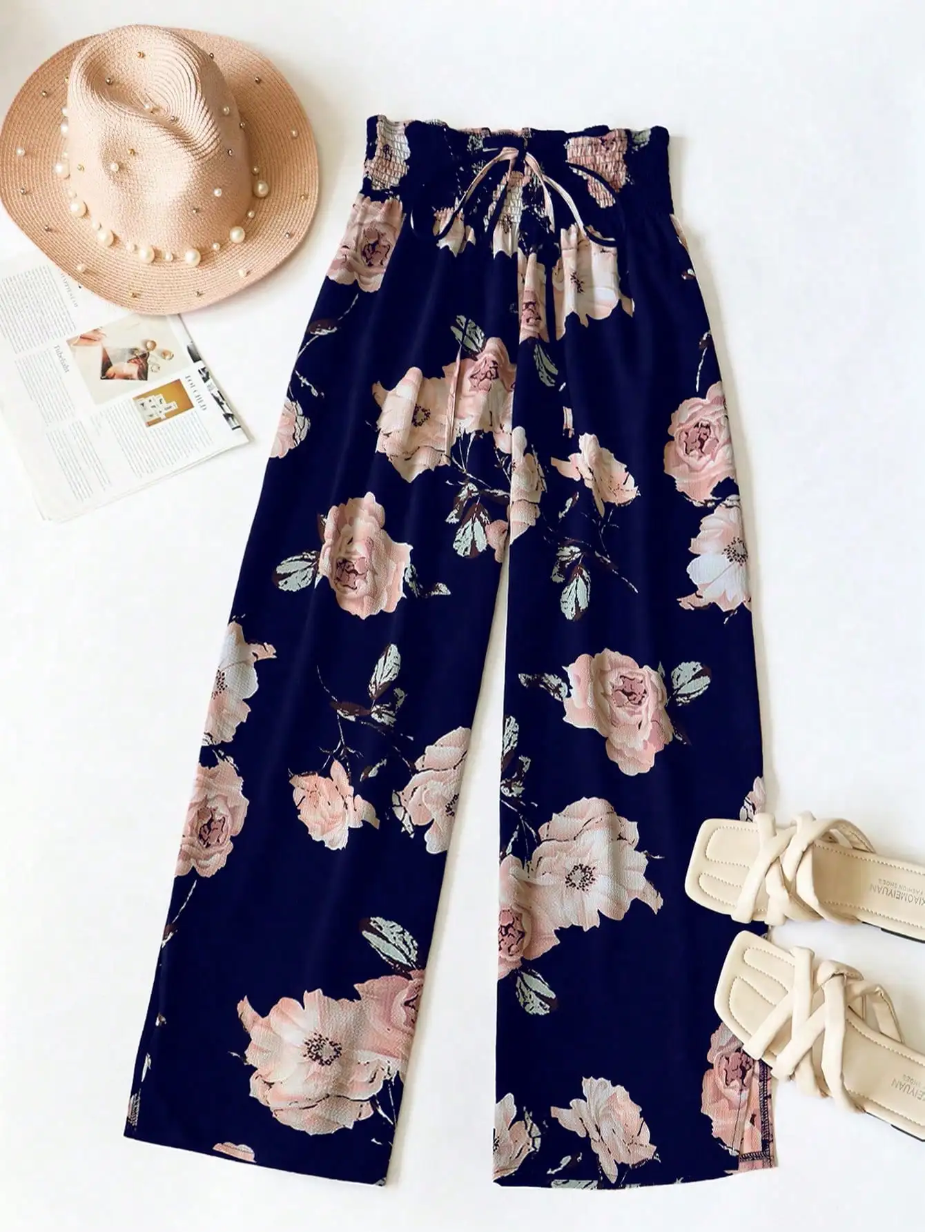 Pantalones anchos con estampado floral para mujer, pantalones palazzo informales con cordón en la cintura elástica para damas