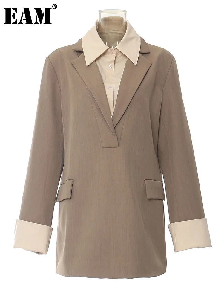 

Женский блейзер большого размера [EAM], коричневый элегантный блейзер с отложным воротником и длинным рукавом, большого размера, весна-осень 2024 1DH5932