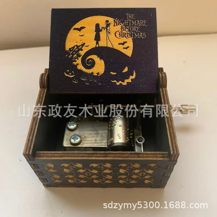 Disney The Nightmare Before Christmas Wooden Music Box Retro Engraved Horror Nights Hand-cranked Music Box Gifts for Friends