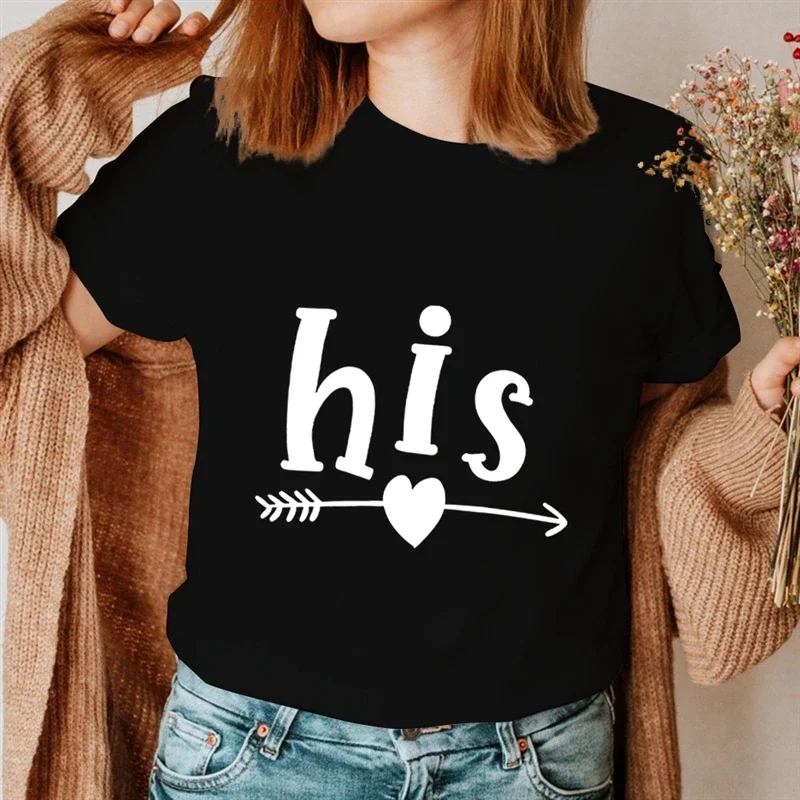 Summer Women Men Funny Hers His Letter Lovers T-shirt Love Arrow Print Couple T-shirt Casual Loose tops