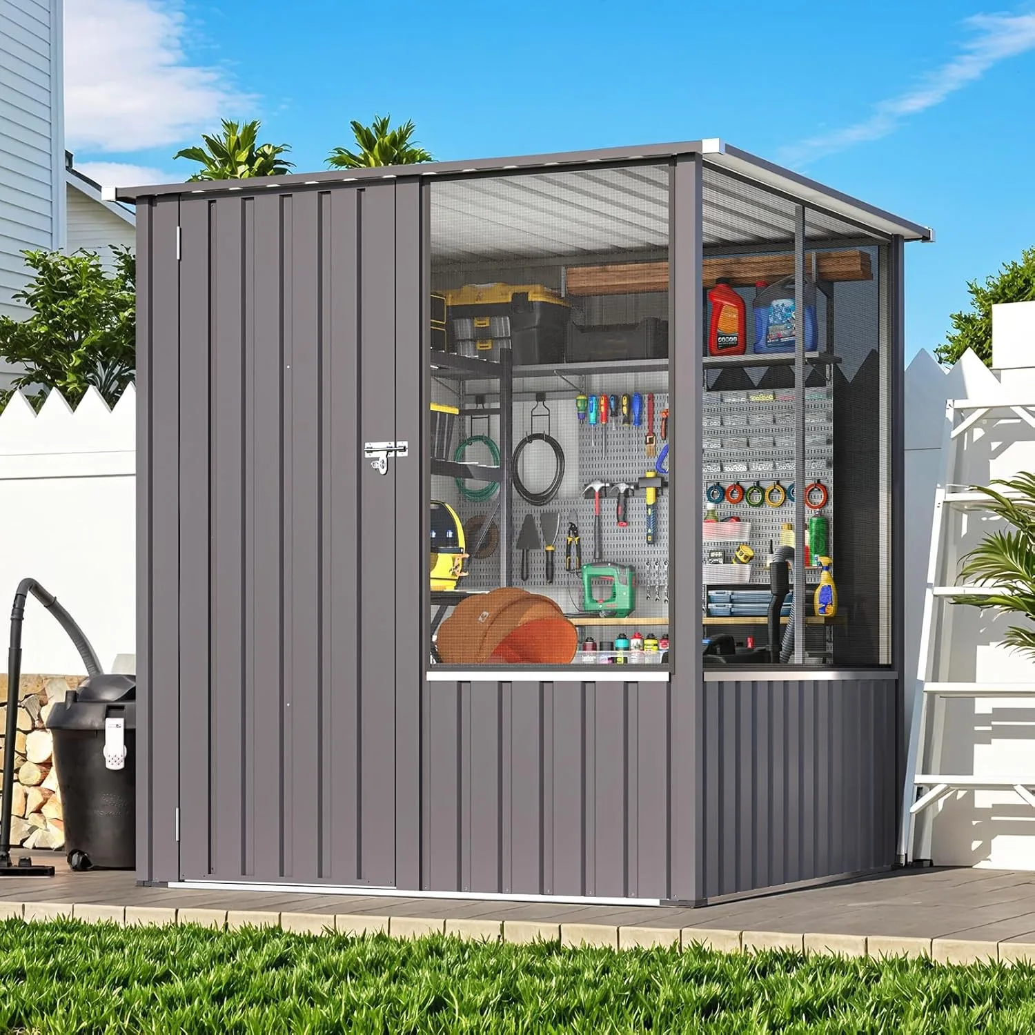 Outdoor Patio Metal Storage Shed with Lockable Doors and Ventilated Mesh