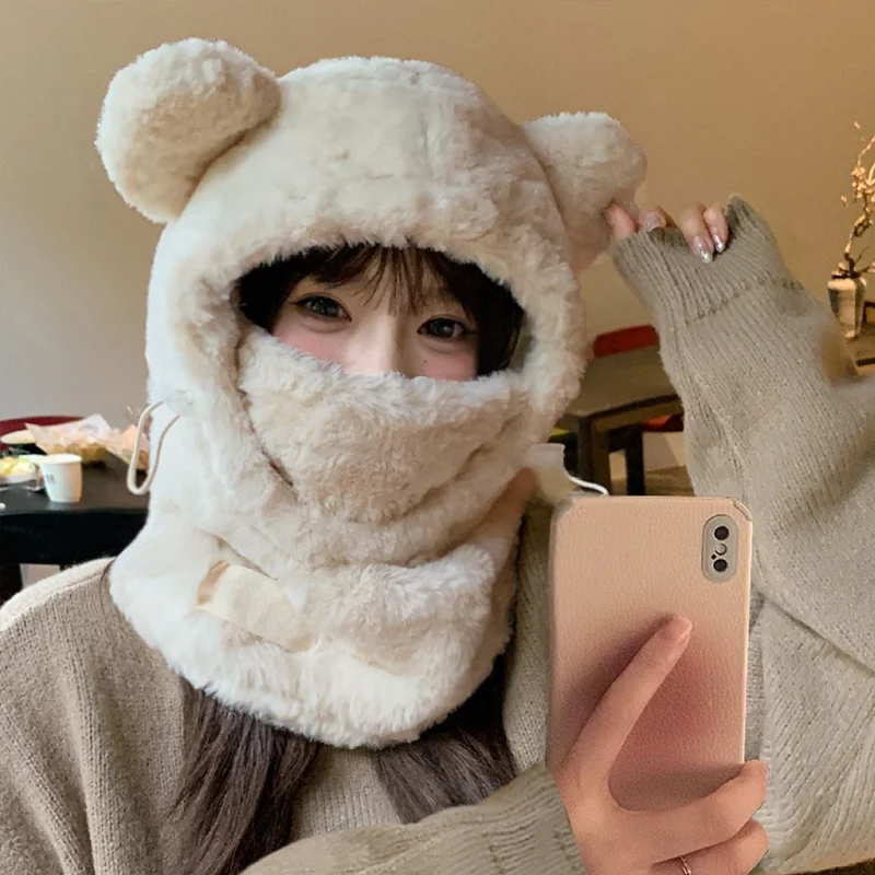 厚みのあるぬいぐるみクマの帽子とスカーフのセット女性用冬用暖かい東北耐寒装備オーバーヘッドハットかわいい一体型デザイン
